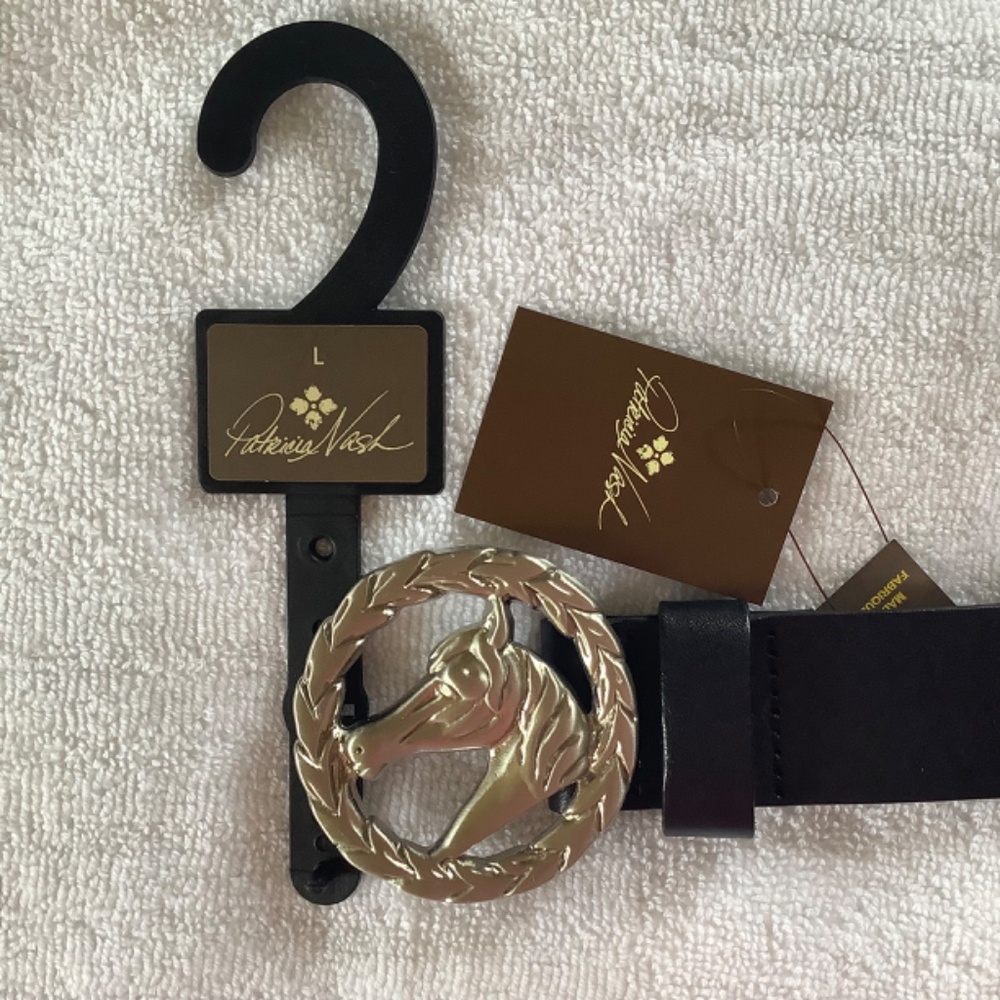 Patricia Nash Leather Morely Horse Buckle Belt Black SZ Large - Picture 2 of 8